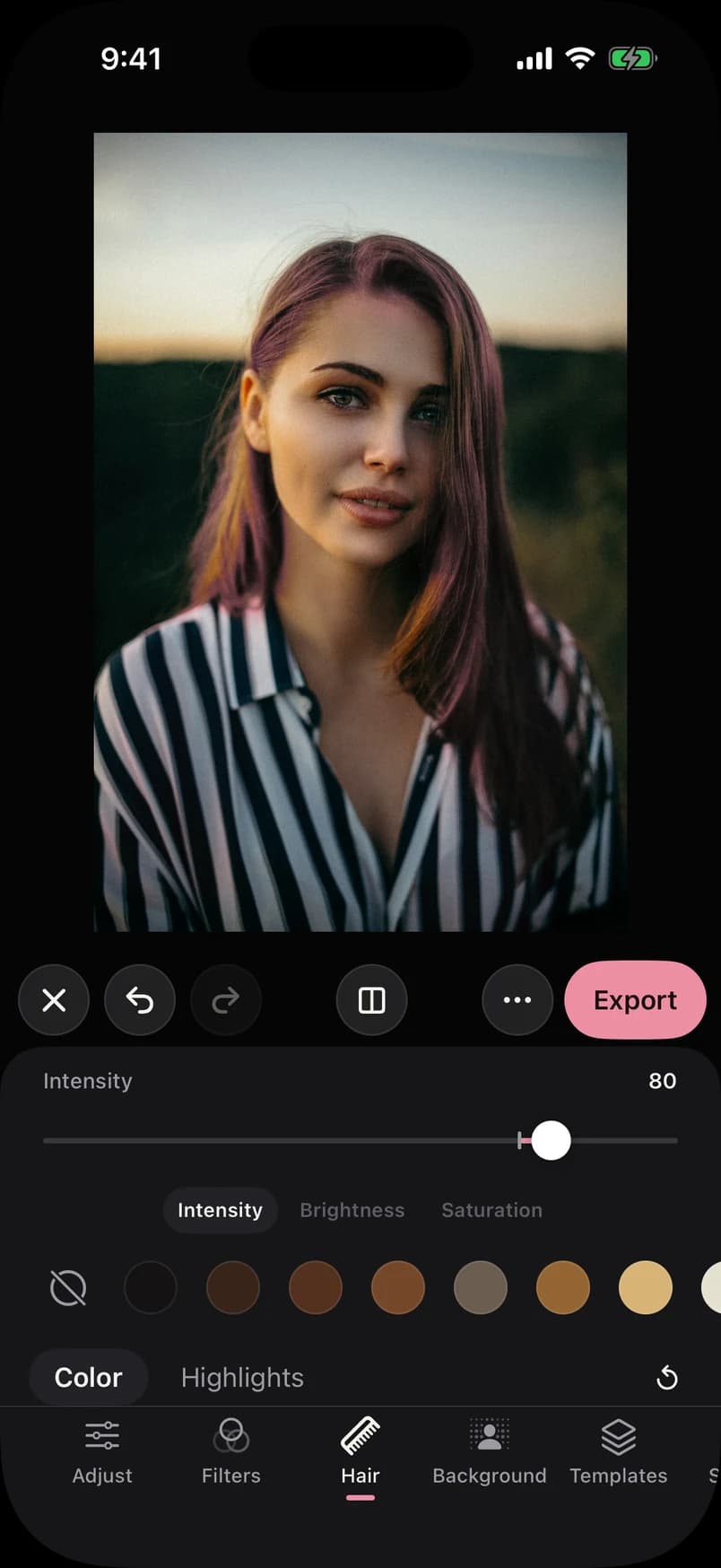 Hair color controls in the CamCam editor
